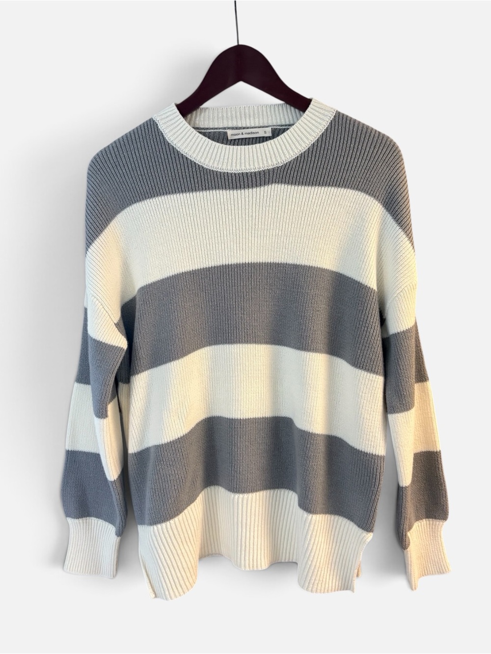 moon & madison Wide Stripe Crewneck Sweater - Cream & Gray